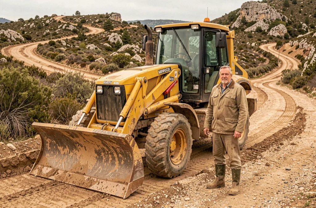 Conducteur d'engins à côté d'un bulldozer sur un chantier de terrassement en Aveyron, Catusse T.P.