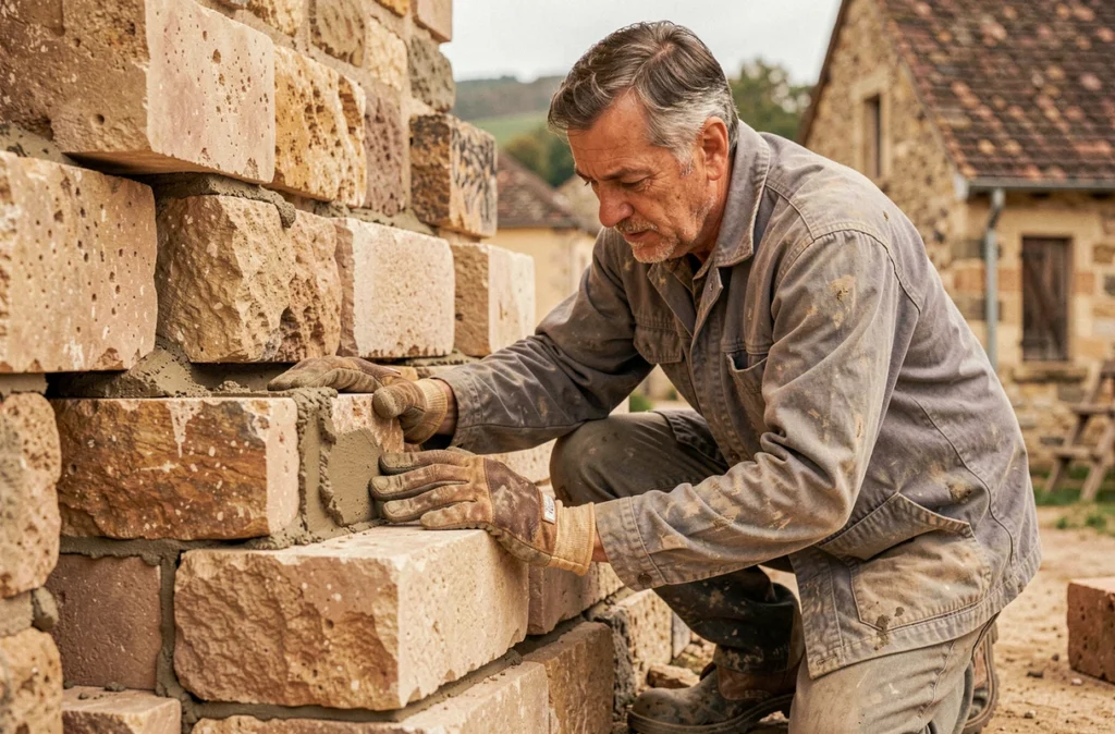 Maçon posant des blocs de pierre taillée sur un mur extérieur, entreprise CREA BAT SIRMAIN Aveyron
