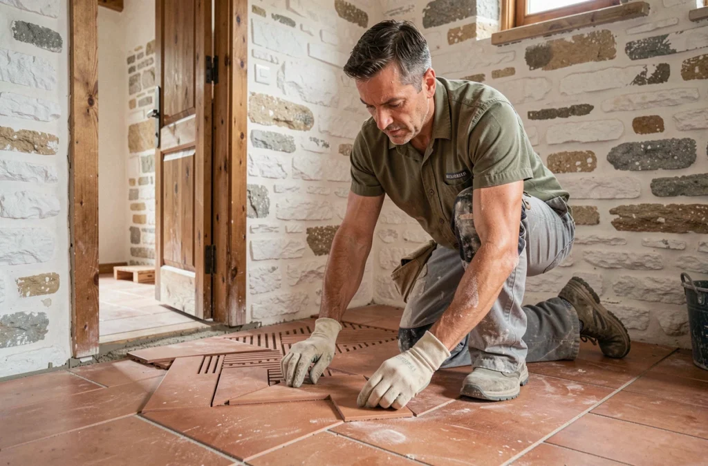 Carreleur posant des tomettes en terre cuite dans une maison en pierre rénovée, entreprise De Brito Aveyron