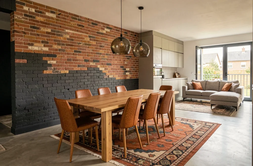 Espace séjour et salle à manger réaménagé par Decor Action avec mur en brique peinte, table en frêne massif et chaises en cuir cognac