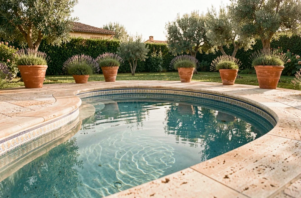Piscine de style méditerranéen avec mosaïque artisanale et terrasse travertin signée Diffazur Piscines