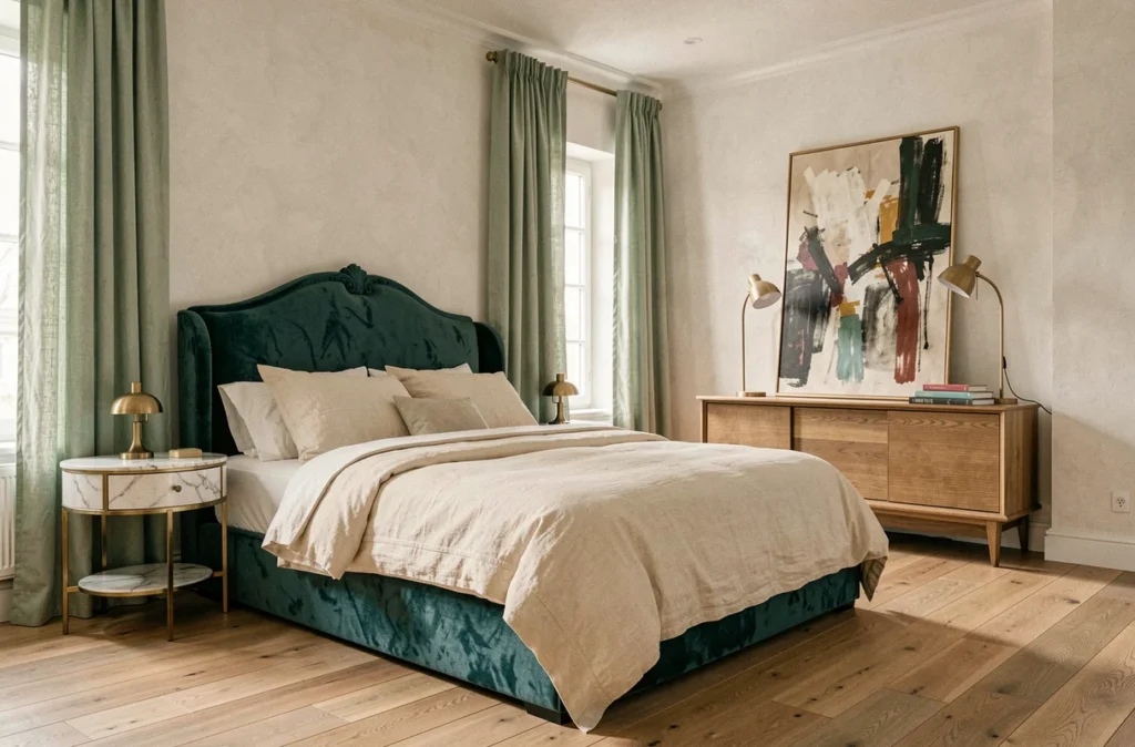 Chambre principale luxueuse aménagée par DKOHOME avec tête de lit en velours sarcelle, tables de chevet en laiton et marbre