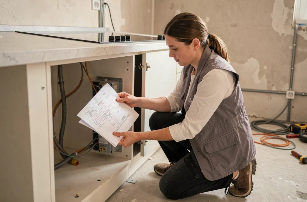 Électricienne consultant un schéma de câblage lors de l'installation d'une plaque induction dans une cuisine en travaux