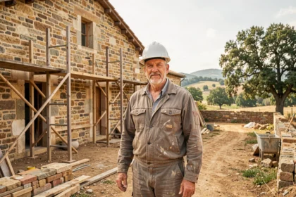 Entrepreneur en rénovation devant une maison en pierre de l'Aveyron en cours de travaux