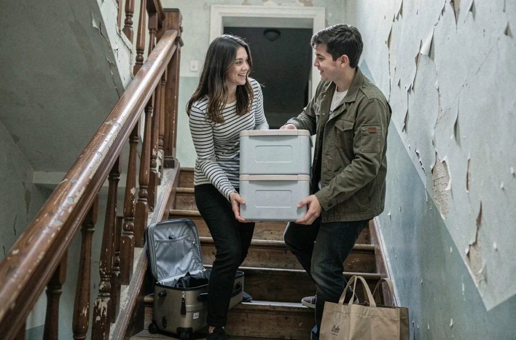 Deux étudiants transportant un meuble léger dans l'escalier d'un immeuble lors d'un déménagement étudiant