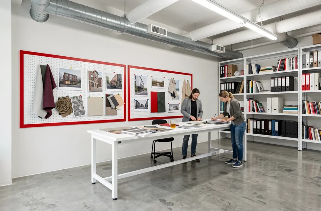 Studio de création de Fil Rouge Studio avec tableau d'inspiration, échantillons de matériaux et deux designers en collaboration