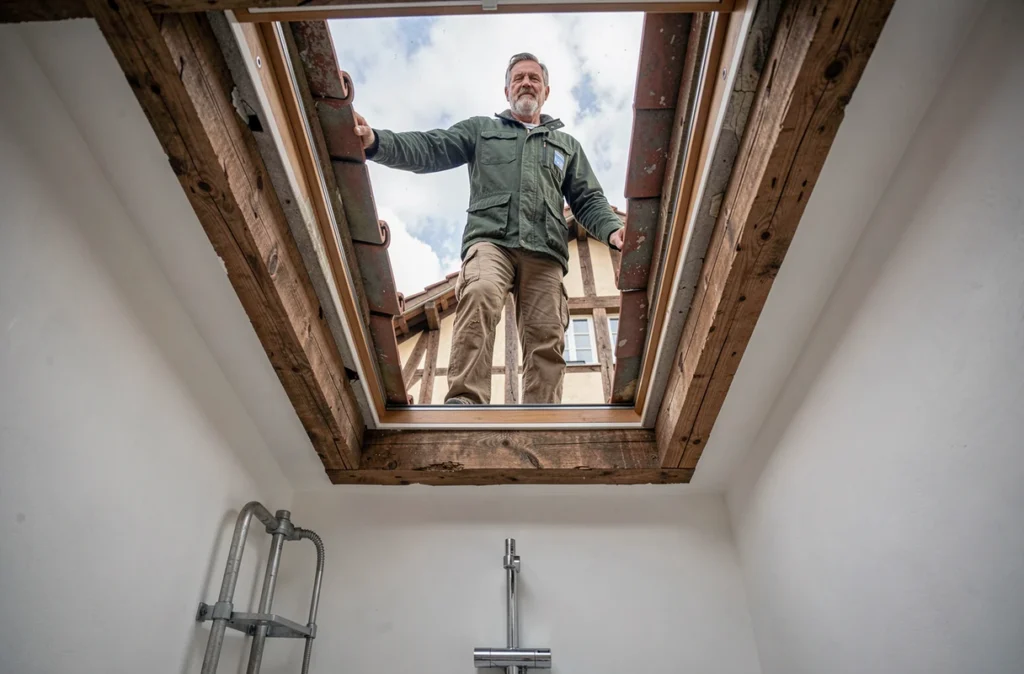 Artisan polyvalent installant une fenêtre de toit dans une salle de bain d'une maison à colombages à Rouen
