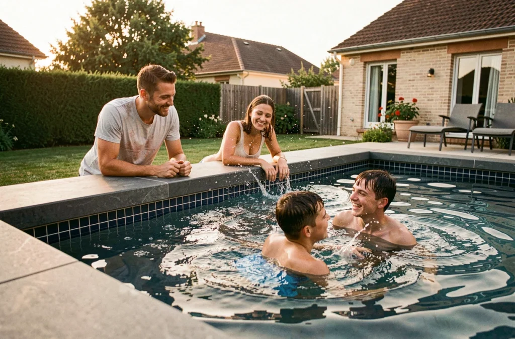 Famille profitant d'une piscine à débordement moderne construite par Génération Piscine dans un jardin suburban