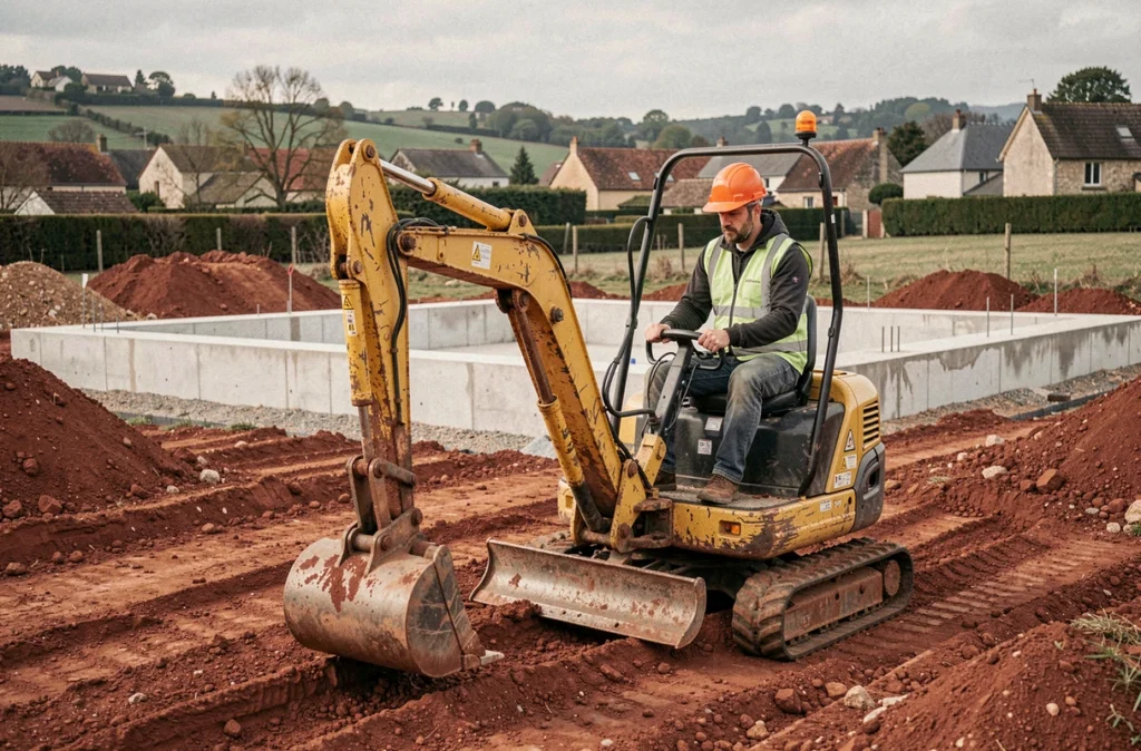 Ouvrier manœuvrant une mini-pelle sur un chantier de construction neuve en Aveyron, HP Constructions