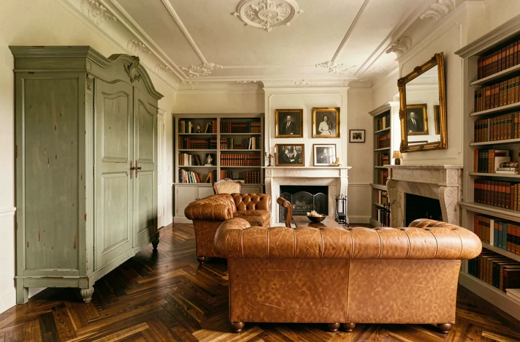 Intérieur familial patrimonial restauré par Maison Lefevre Père et Fils avec armoire ancienne en vert sauge, parquet en chevrons et cheminée en pierre