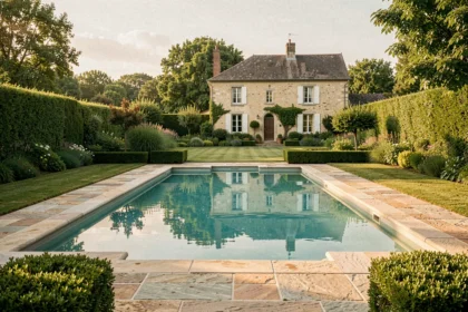 Belle piscine résidentielle dans un jardin en Seine-et-Marne avec eau turquoise et terrasse en pierre naturelle