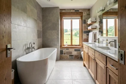 Vue grand angle d'une salle de bain moderne rénovée en Normandie avec baignoire îlot, carrelage grand format et double vasque