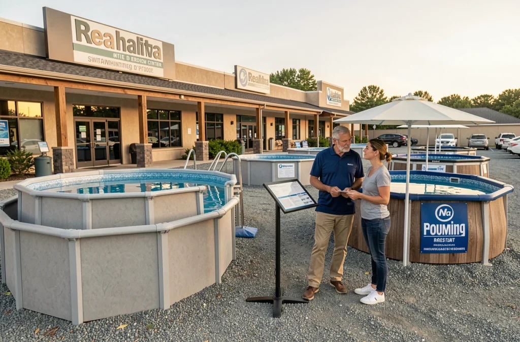 Centre de vente Mondial Piscine avec modèles exposés en extérieur et conseiller spécialisé accompagnant des clients