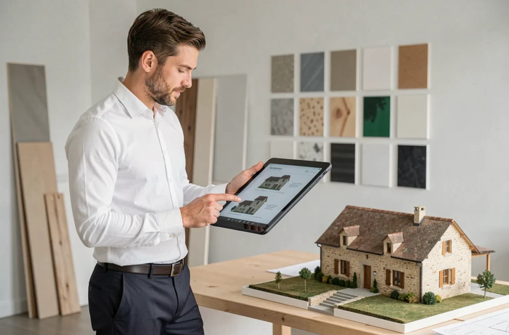 Architecte présentant un projet de rénovation sur tablette dans un atelier de conception, OB Concept Aveyron