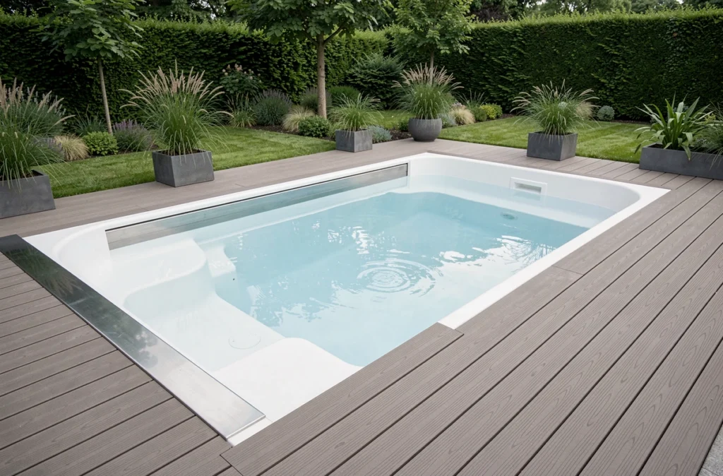 Piscine coque polyester minimaliste Piscinelle intégrée dans un jardin contemporain avec terrasse composite