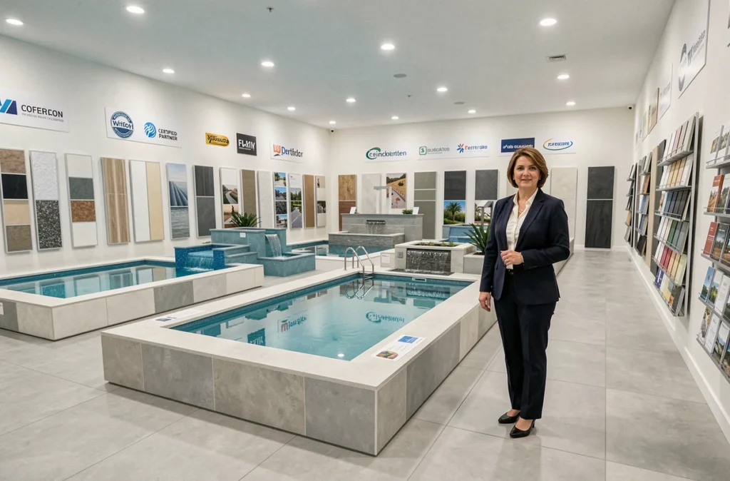 Showroom Piscines de France avec modèles de piscines exposés et conseillère commerciale spécialisée