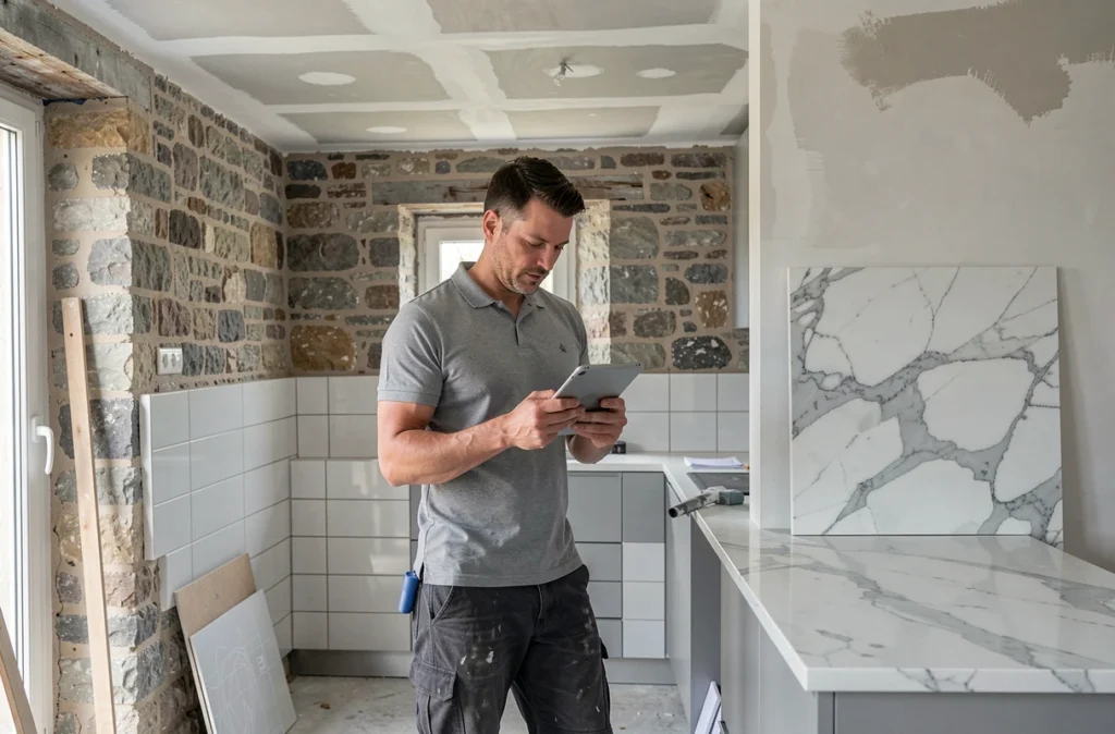 Professionnel de RENO D8D supervisant un chantier de rénovation d'appartement avec plans sur tablette dans le Val-de-Marne