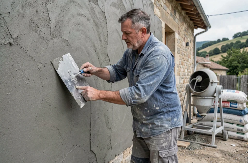 Maçon enduisant un mur de ciment sur un chantier de rénovation en Aveyron, SARL D.S Maçonnerie