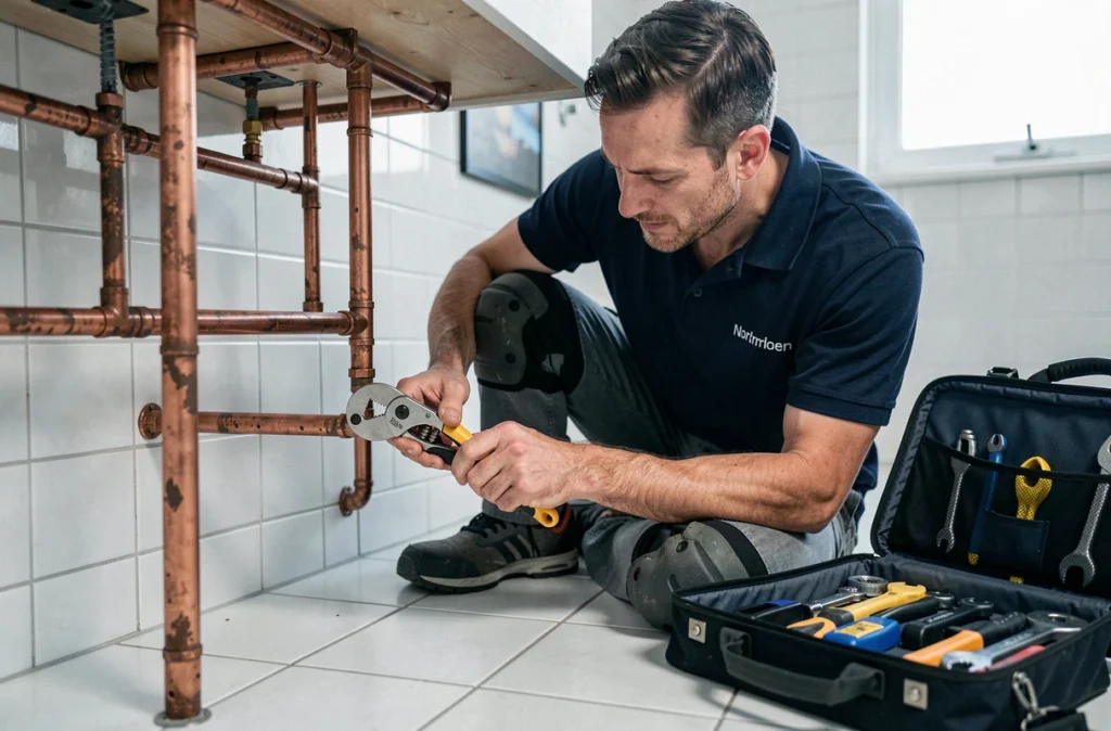Technicien plombier travaillant sur des tuyaux en cuivre sous un meuble vasque dans un appartement en Normandie