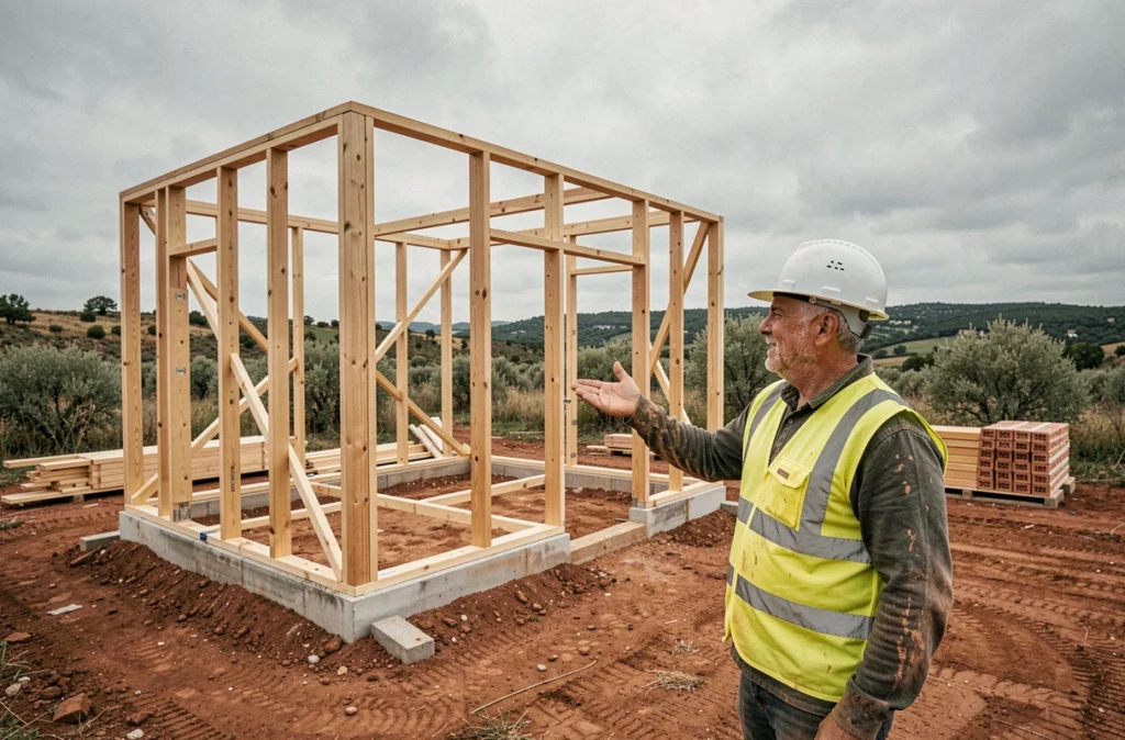 Contremaître supervisant la construction d'une maison en ossature bois dans le sud de l'Aveyron