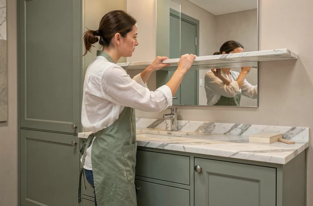 Artisane posant une étagère en marbre sur mesure dans une salle de bain personnalisée à Rouen