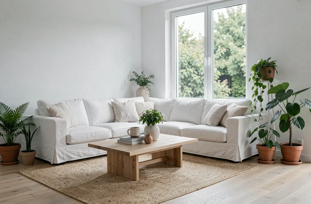 Intérieur Scandinave épuré réalisé par Un Air de Déco, avec canapé en lin, table basse en chêne et plantes d'intérieur