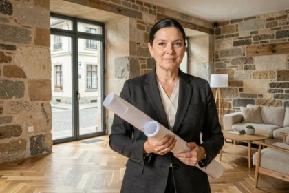 Architecte d'intérieur femme tenant des plans dans un appartement rénové au style alsacien, Grand Est
