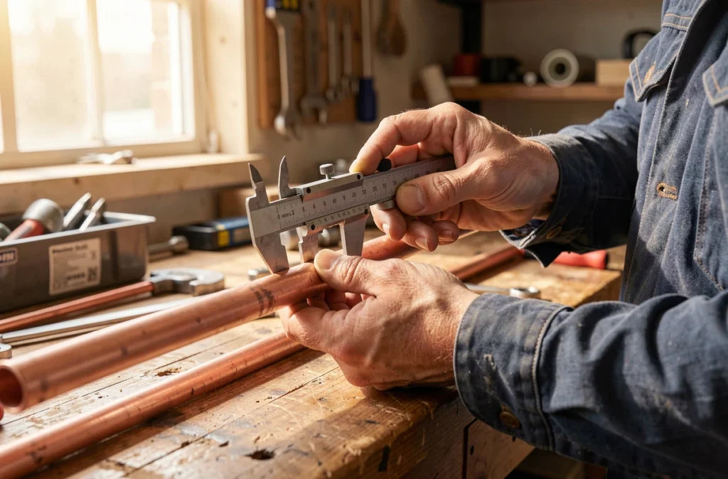 Mesure du diamètre d'un tube de cuivre au pied à coulisse