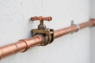 Robinet autoperceur fixé sur un tuyau de cuivre le long d'un mur